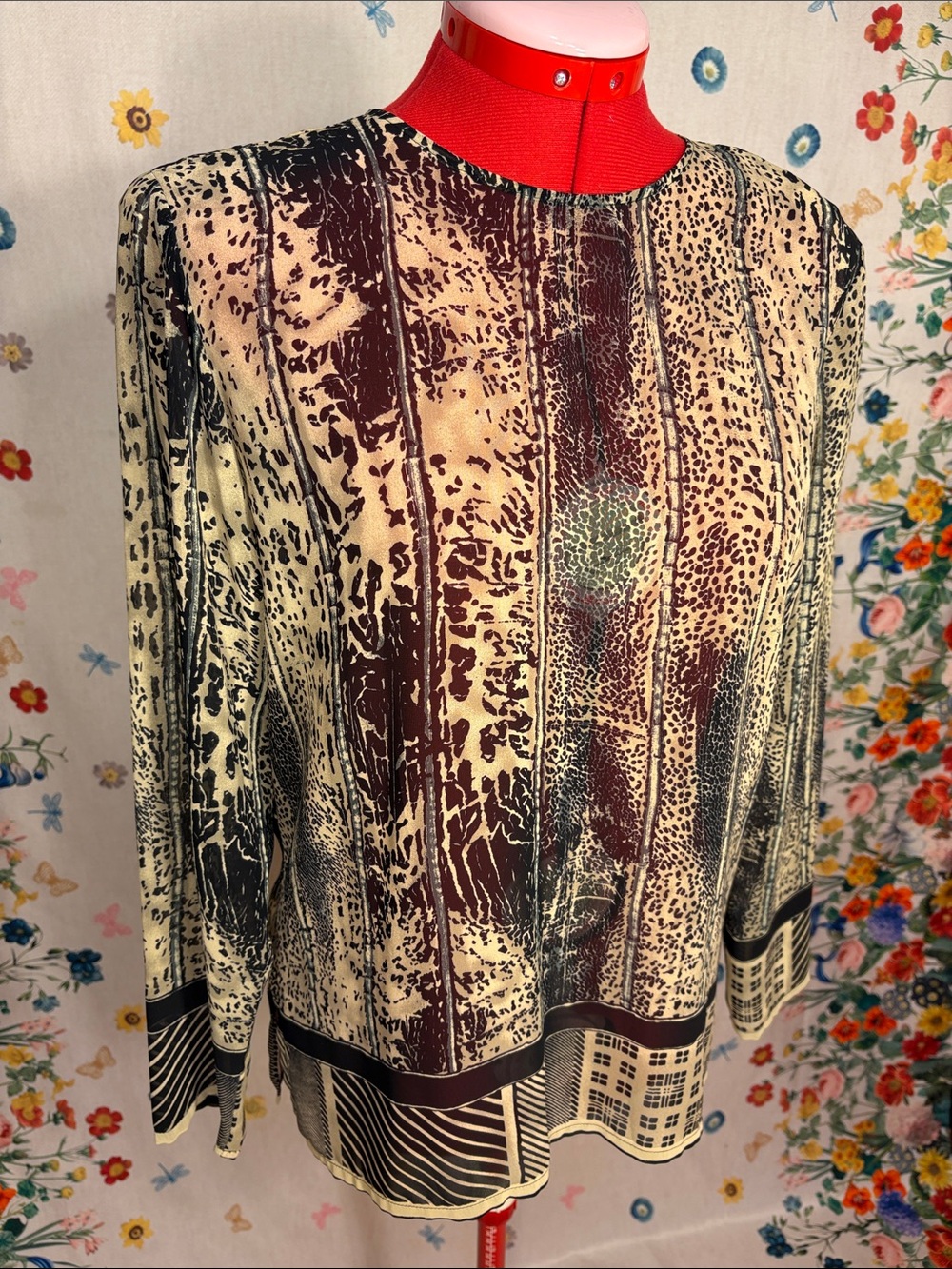 Vintage Jaeger - Abstract Animal-Print Sheer Blouse in Cream and Brown